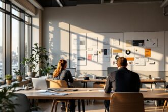Modernes Marketing-Agentur-Büro in Berlin mit Mitarbeitern an Schreibtischen und Markenstrategie-Unterlagen