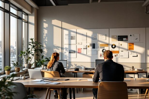 Modernes Marketing-Agentur-Büro in Berlin mit Mitarbeitern an Schreibtischen und Markenstrategie-Unterlagen
