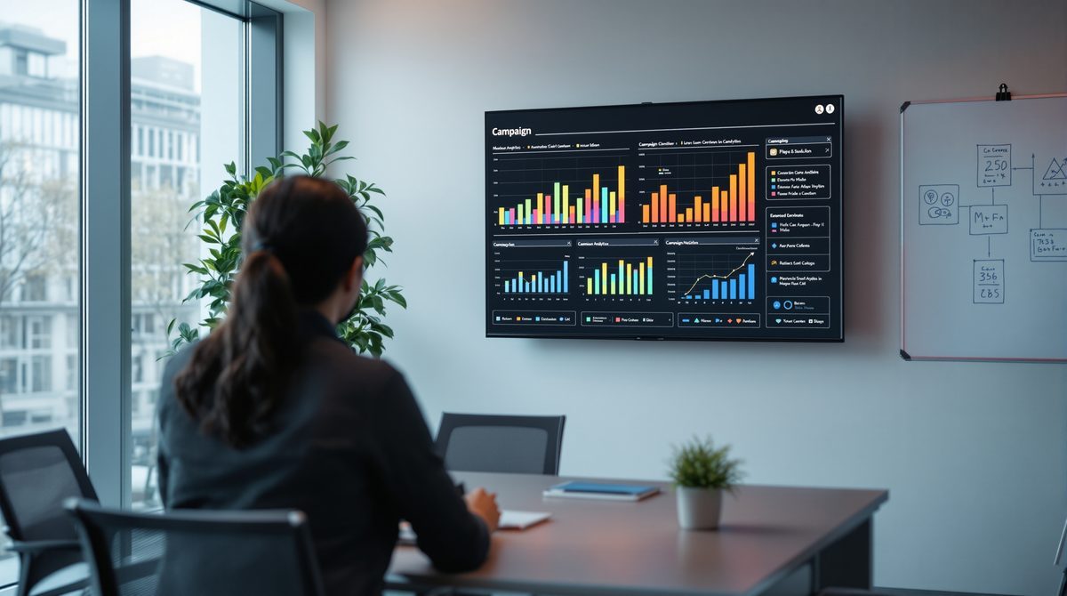 Team bespricht Kampagnenanalyse mit Balkendiagrammen auf großem Wandbildschirm in modernem Konferenzraum