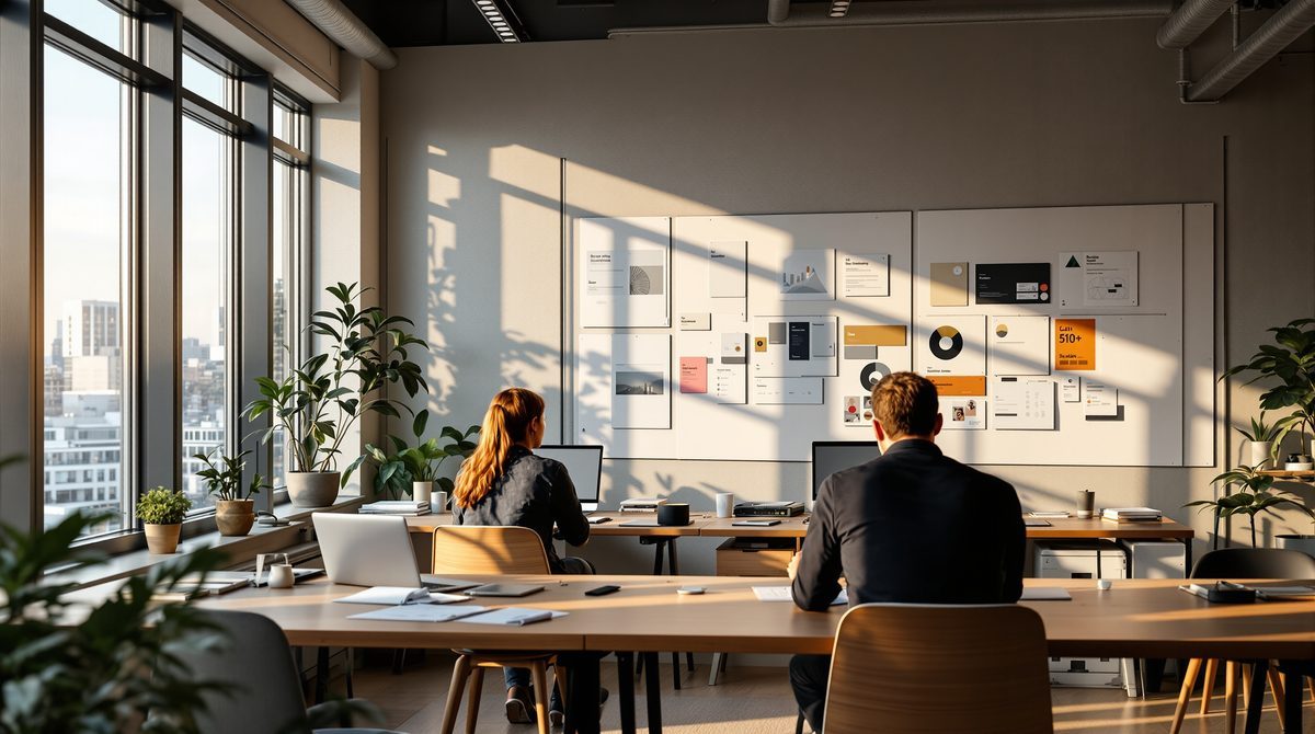 Modernes Marketing-Agentur-Büro in Berlin mit Mitarbeitern an Schreibtischen und Markenstrategie-Unterlagen