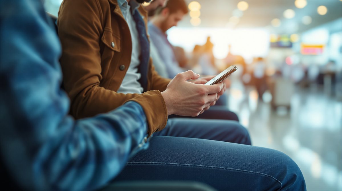Reisender richtet am Flughafen einen mobilen Datentarif auf dem Smartphone ein
