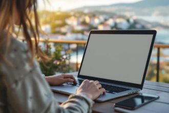 Digitale Nomadin arbeitet mit Laptop auf einer sonnigen Terrasse