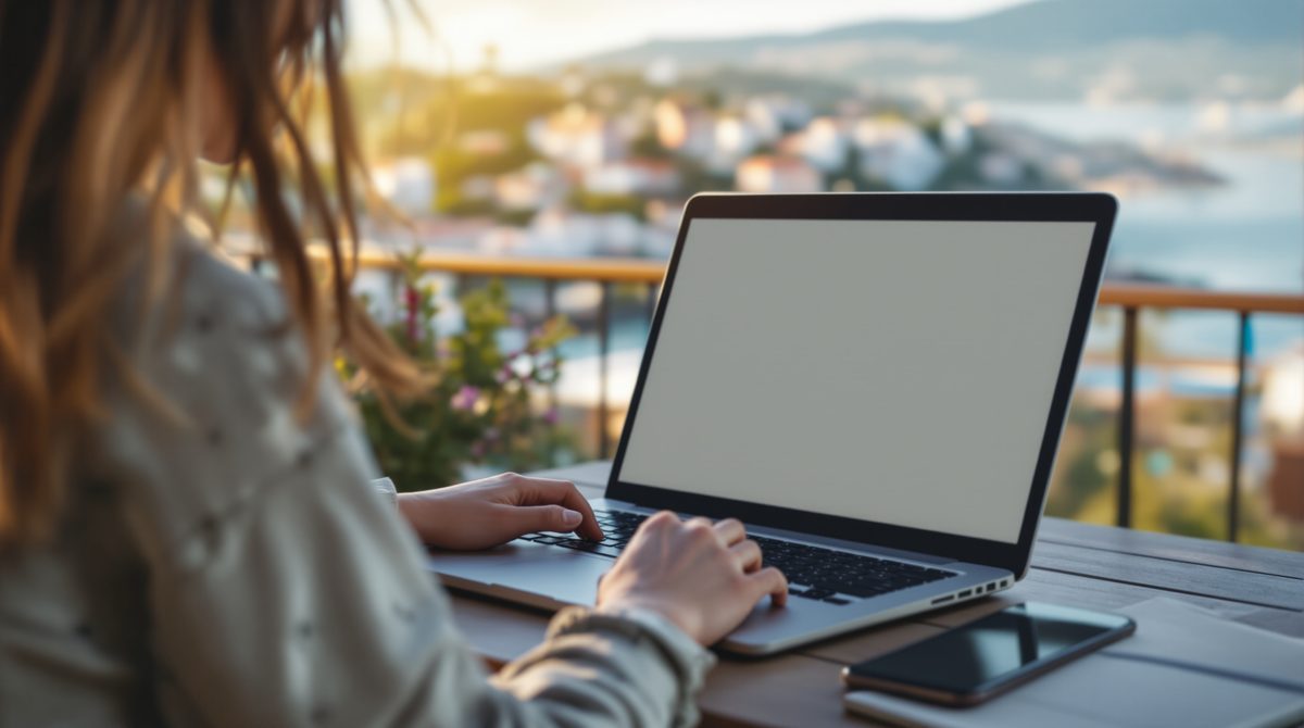 Digitale Nomadin arbeitet mit Laptop auf einer sonnigen Terrasse