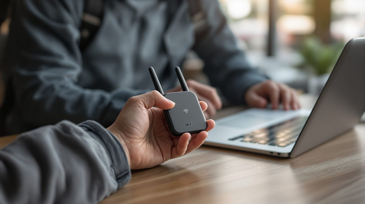 Mobiler WLAN-Router neben Laptop und Tablet auf einem Cafétisch