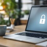 Laptop auf einem Holzschreibtisch mit Notizbuch und Kaffee, symbolisch für digitale Sicherheit und Passwortverwaltung