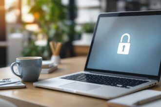 Laptop auf einem Holzschreibtisch mit Notizbuch und Kaffee, symbolisch für digitale Sicherheit und Passwortverwaltung