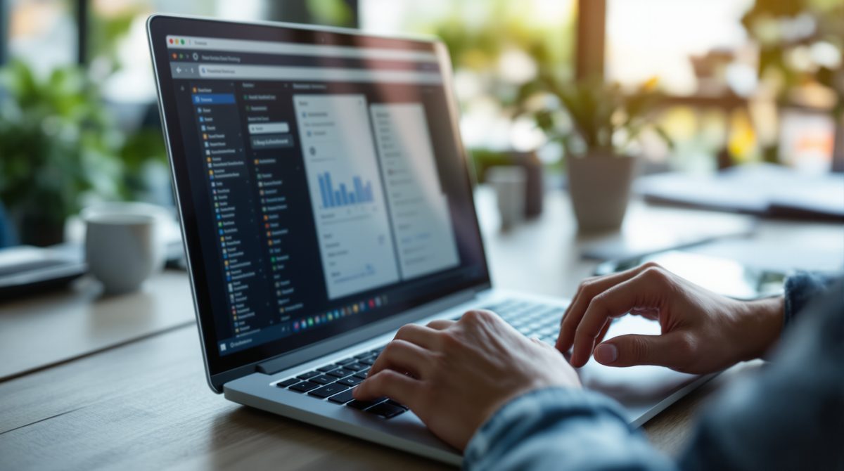 Hände tippen auf einem Laptop-Keyboard in einem hellen Büro, symbolisch für die Verwaltung mehrerer Online-Konten mit einem Passwortmanager
