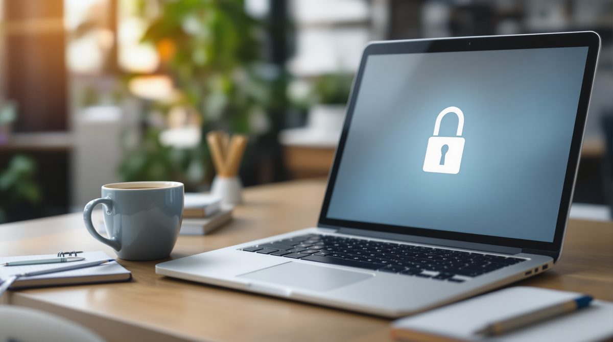 Laptop auf einem Holzschreibtisch mit Notizbuch und Kaffee, symbolisch für digitale Sicherheit und Passwortverwaltung