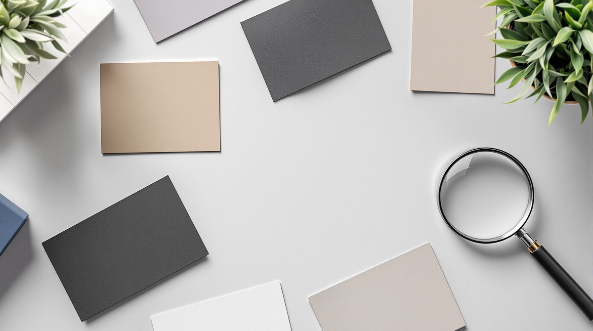 Draufsicht auf Visitenkarten in verschiedenen Papierfinishes im Vergleich