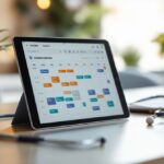 Moderner Praxis-Schreibtisch mit Tablet und Stethoskop — symbolisiert den Einsatz spezialisierter Praxissoftware