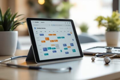 Moderner Praxis-Schreibtisch mit Tablet und Stethoskop — symbolisiert den Einsatz spezialisierter Praxissoftware