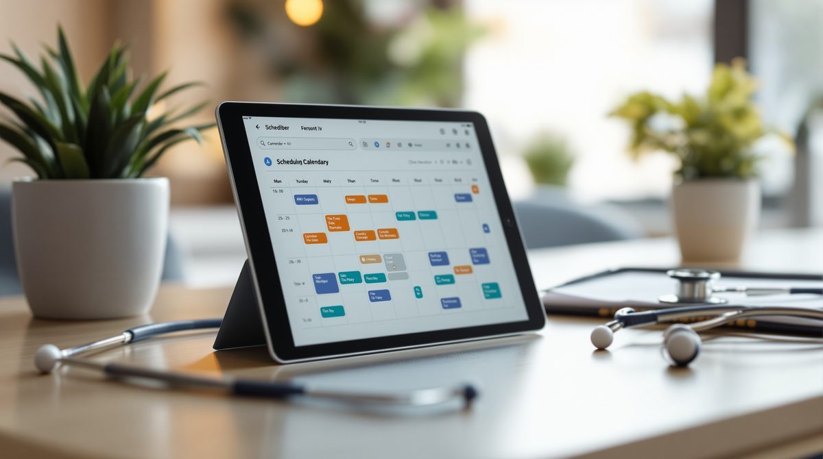 Moderner Praxis-Schreibtisch mit Tablet und Stethoskop — symbolisiert den Einsatz spezialisierter Praxissoftware