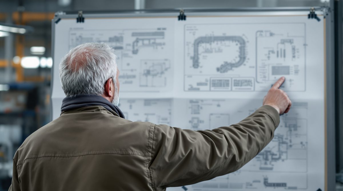 Ingenieur zeigt auf technische Baupläne in einer Werkshalle