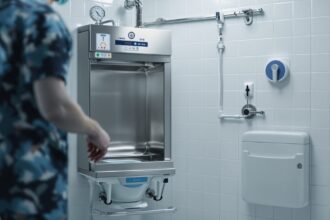 Moderner Steckbeckenspüler aus Edelstahl in einem sterilen Klinikaum