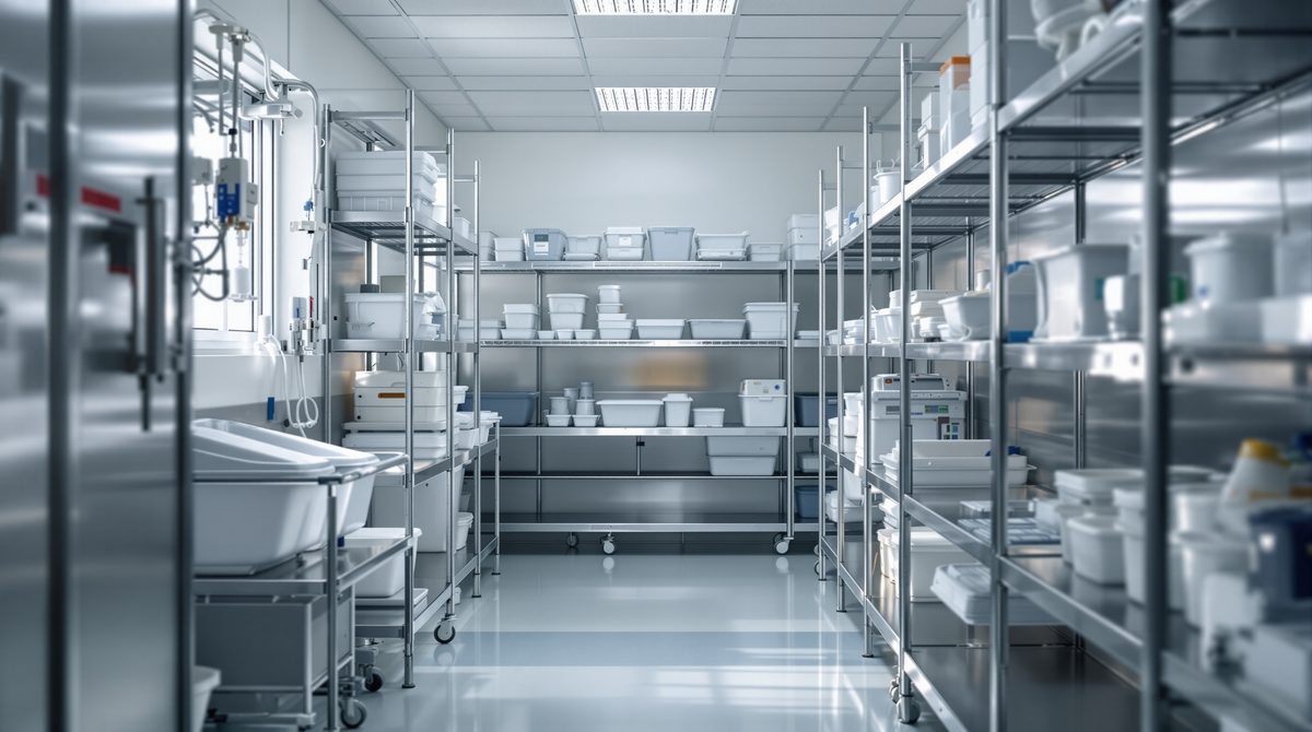 Aufbereitungsraum einer Klinik mit gelagertem Pflegegeschirr aus Edelstahl