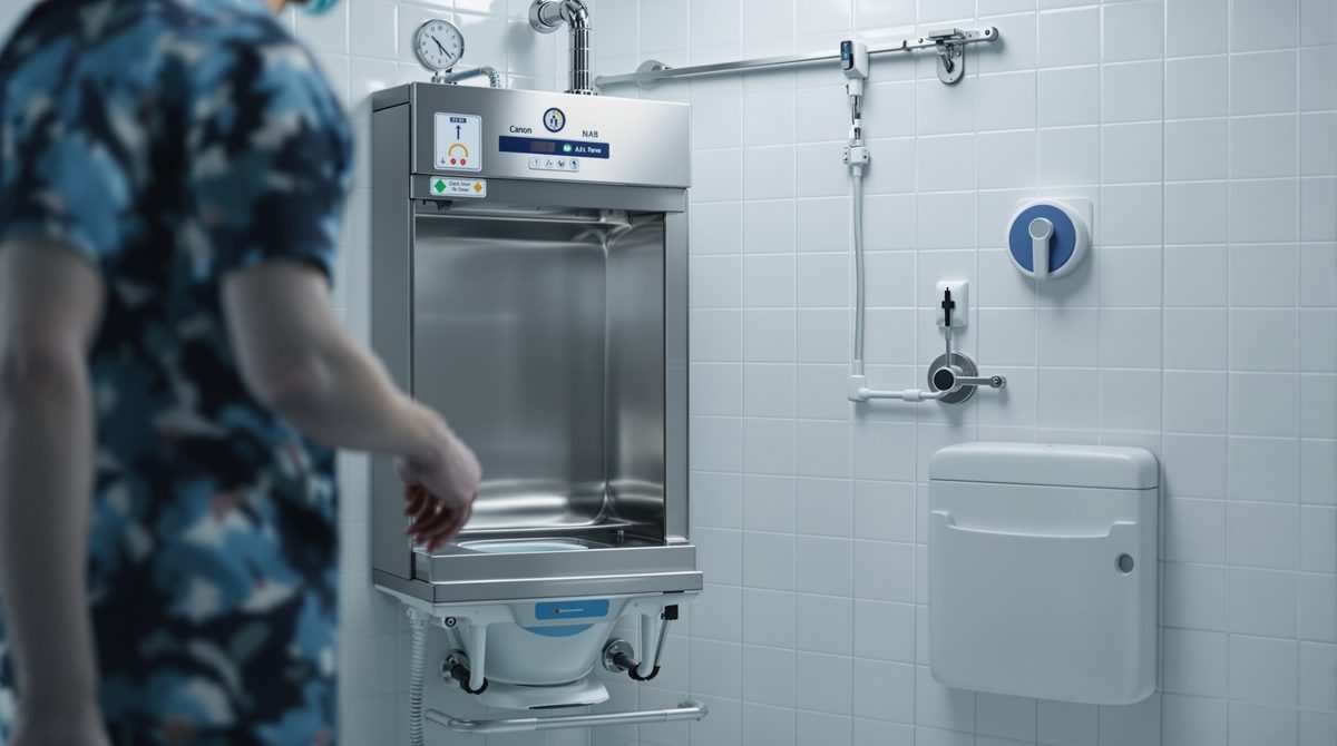Moderner Steckbeckenspüler aus Edelstahl in einem sterilen Klinikaum