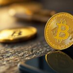 Goldene Bitcoin-Münze auf dunklem Holztisch neben Smartphone — Kryptowährung investieren