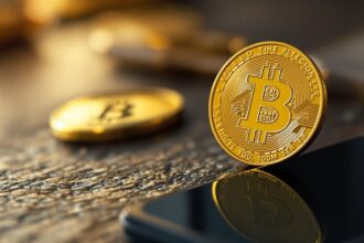 Goldene Bitcoin-Münze auf dunklem Holztisch neben Smartphone — Kryptowährung investieren