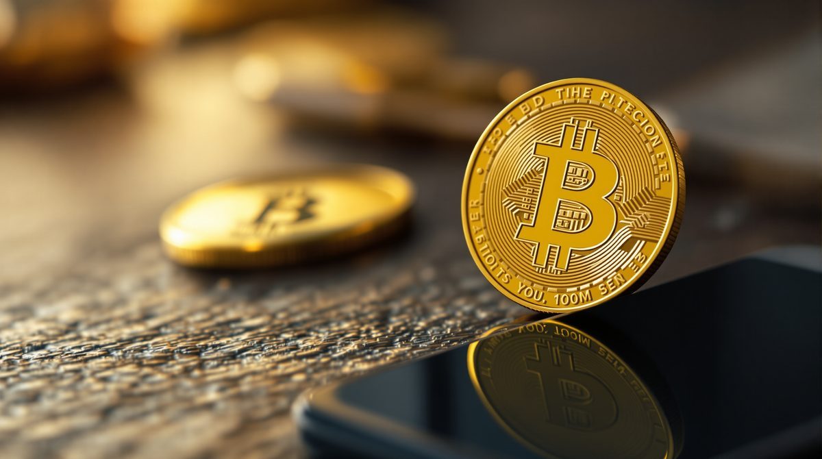 Goldene Bitcoin-Münze auf dunklem Holztisch neben Smartphone — Kryptowährung investieren