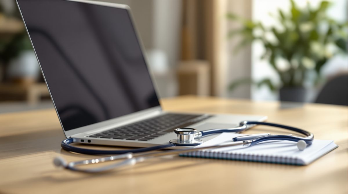 Laptop mit Stethoskop auf einem Schreibtisch als Symbol für digitale Arztbesuche per Telemedizin