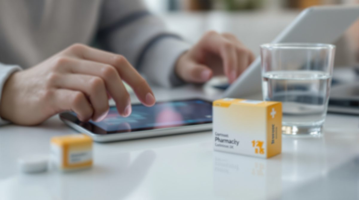 Hand tippt auf Tablet neben Medikamenten als Illustration für E-Rezept und Telemedizin im Alltag