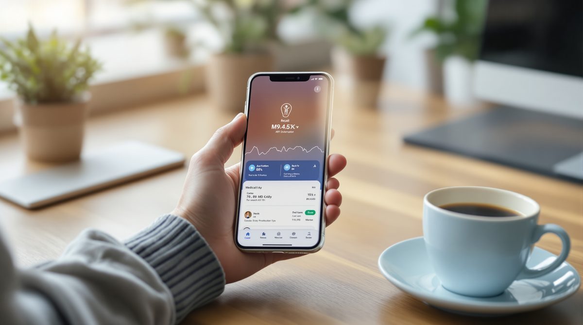 Hände halten ein Smartphone mit medizinischer App — Telemedizin im Alltag