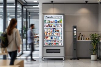 Moderner Snackautomat in einem Büro-Pausenraum mit verschiedenen Snack-Produkten