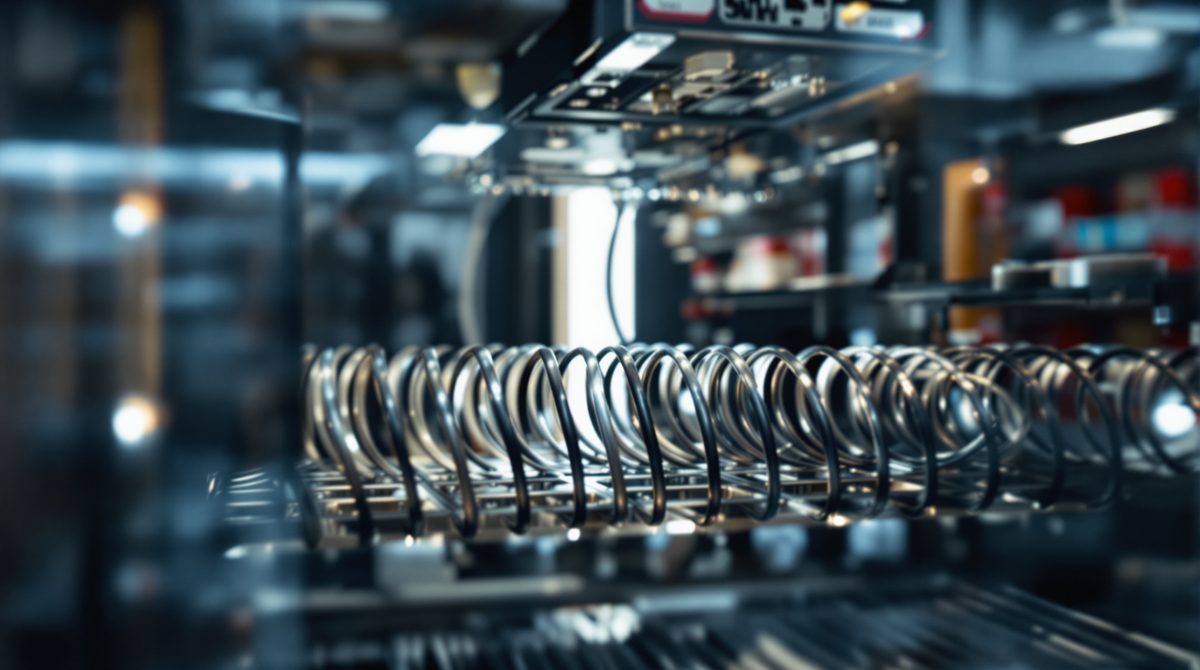 Spiralmechanik im Inneren eines Snackautomaten mit sichtbaren Metallwendeln und Produktfächern