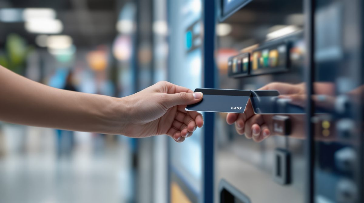 Hand beim kontaktlosen Bezahlen am Zahlterminal eines Snackautomaten