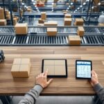 Moderne Versandanlage mit Paketen auf Förderband und digitalem Tablet zur Sendungsverfolgung