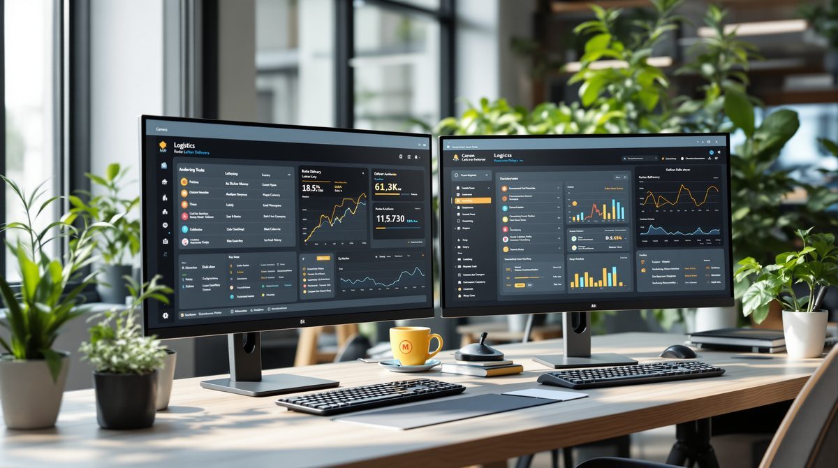 Logistikbüro mit Monitoren die Lieferdaten und Versand-Dashboards zeigen
