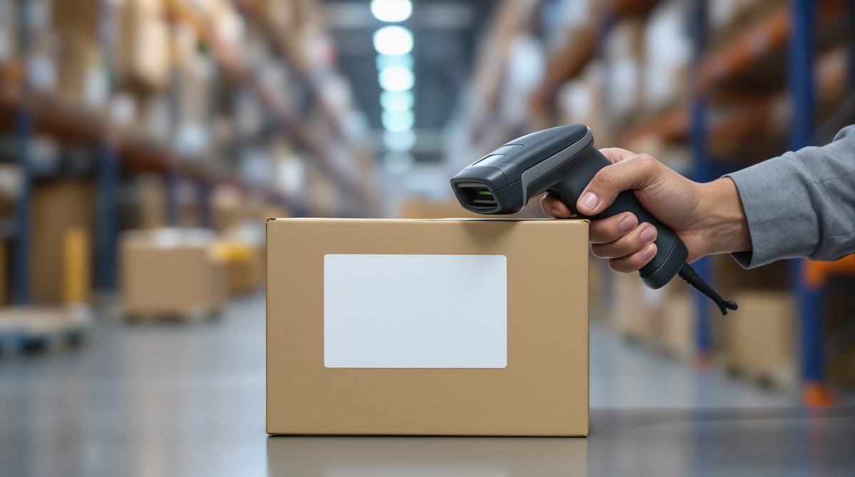 Hand scannt Barcode auf einem Versandkarton im Lager