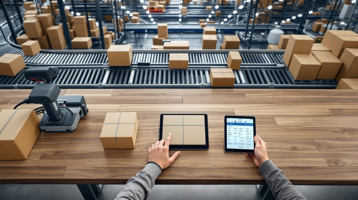 Moderne Versandanlage mit Paketen auf Förderband und digitalem Tablet zur Sendungsverfolgung