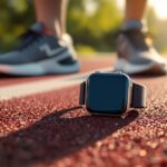 Sportuhr liegt neben Laufschuhen auf einer Laufbahn im Morgenlicht