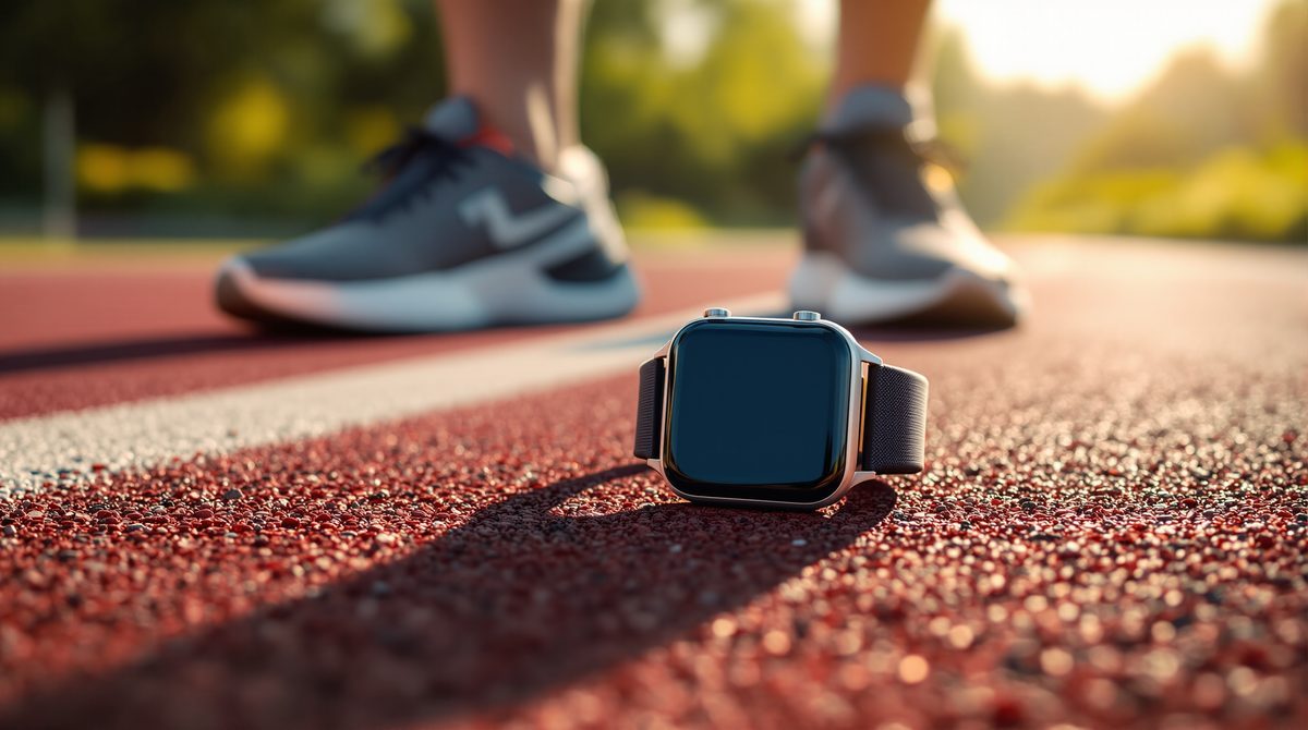 Sportuhr liegt neben Laufschuhen auf einer Laufbahn im Morgenlicht