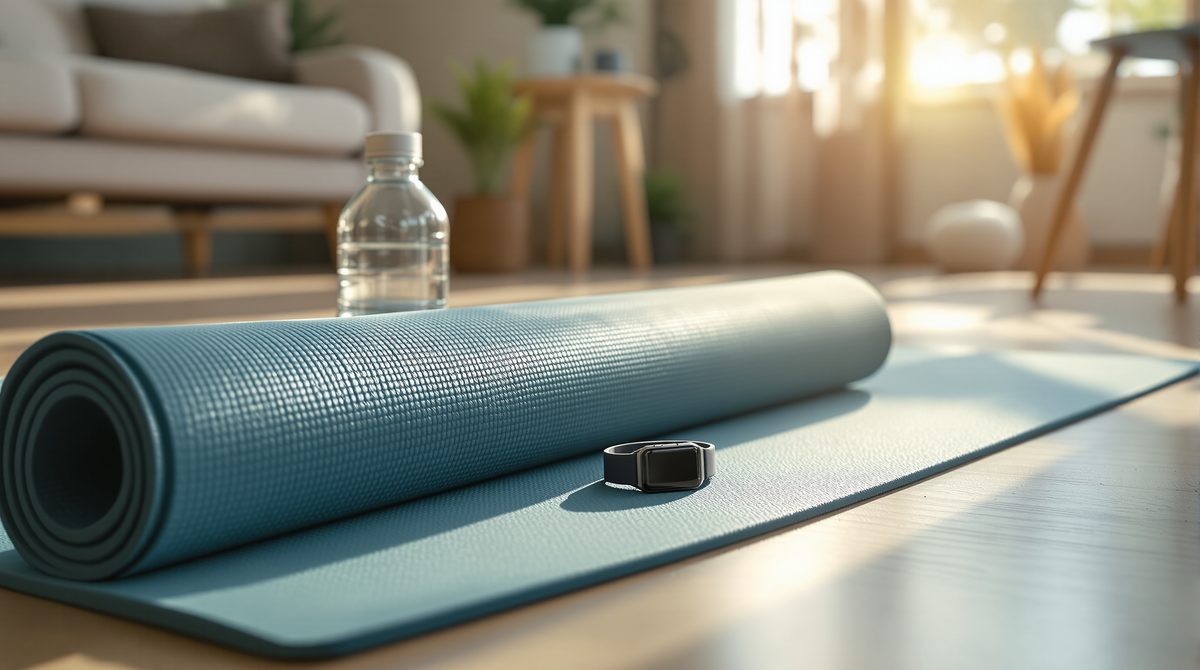 Yogamatte mit Sportuhr, Handtuch und Wasserflasche in hellem Wohnzimmer