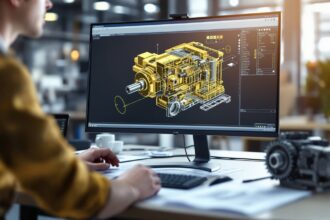3D-Produktkonfiguration Maschinenbau: Arbeitsplatz mit CAD-Modell einer Maschine