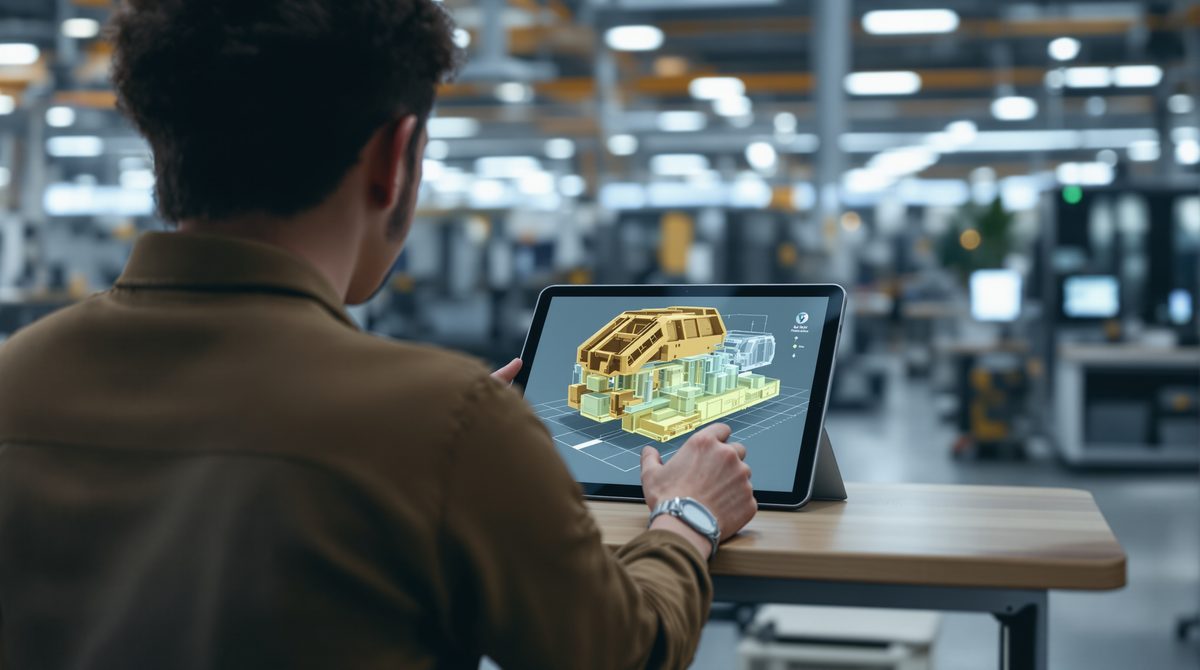 Arbeitsplatz mit digitalem Modell einer Maschine in einer modernen Fertigungsumgebung