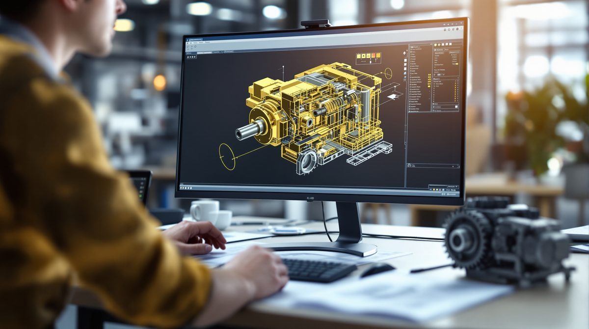 3D-Produktkonfiguration Maschinenbau: Arbeitsplatz mit CAD-Modell einer Maschine