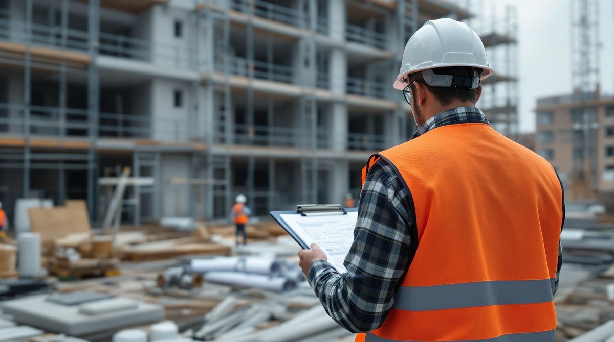 Baustelle mit Gerüst, im Vordergrund eine Person von hinten mit Bauplänen