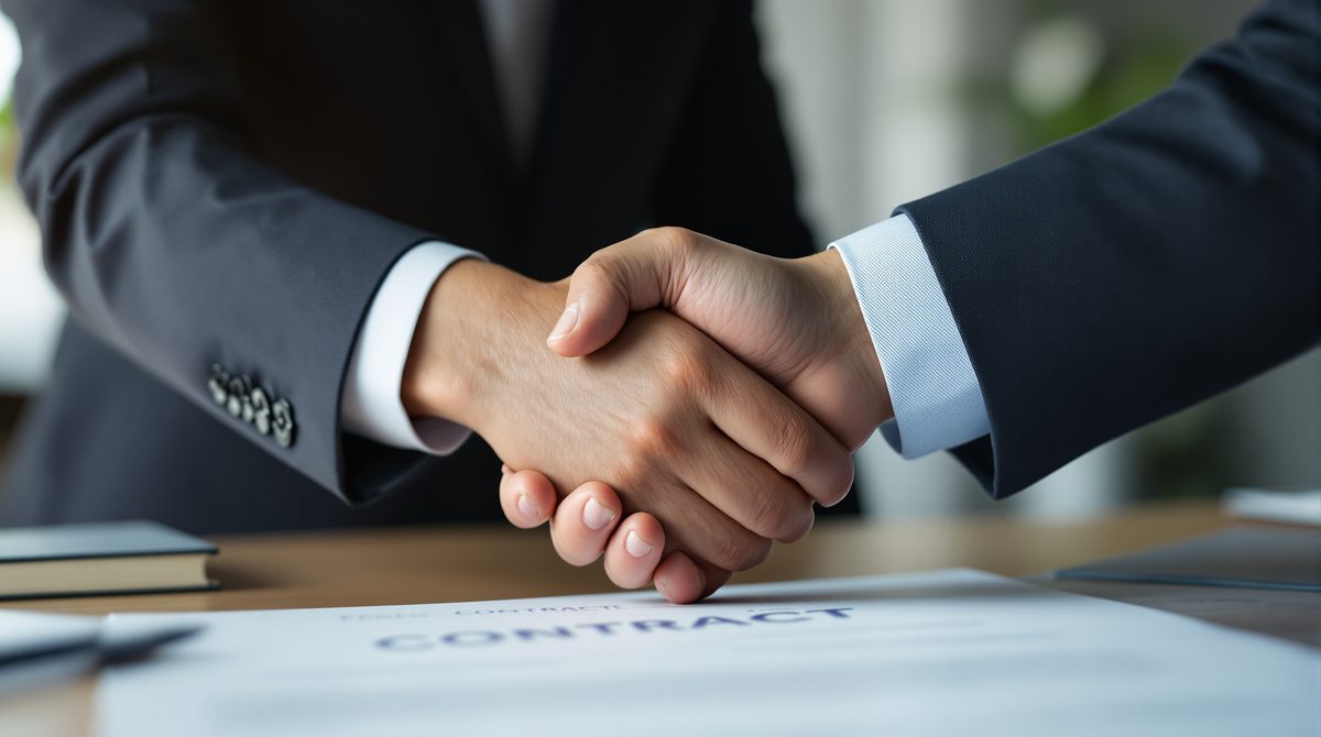 Zwei Geschäftspartner besiegeln einen Vertrag per Handschlag, Nahaufnahme der Hände