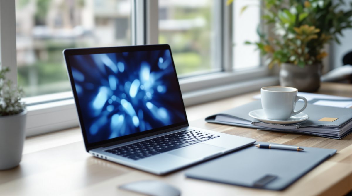 Laptop und Unterlagen für einen Bürgschaftsantrag auf dem Schreibtisch