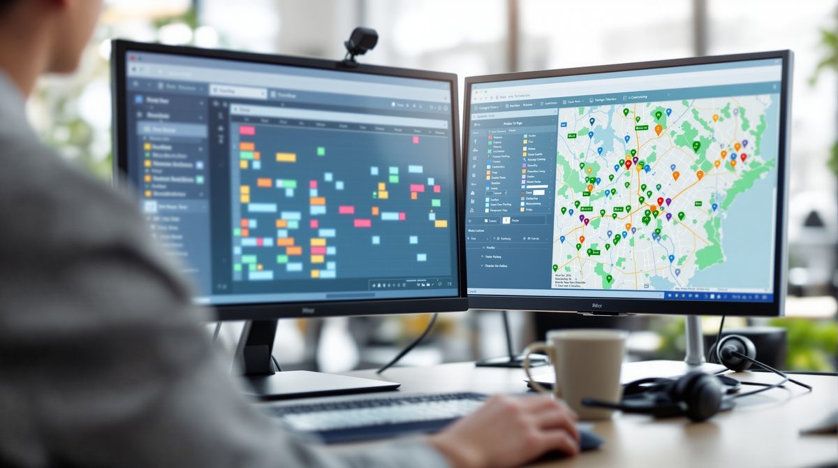 Arbeitsplatz der Disposition mit digitaler Einsatzplanung auf zwei Bildschirmen