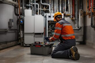 Servicetechniker arbeitet im Technikraum an einer Heizungsanlage, Tablet auf dem Werkzeugkoffer