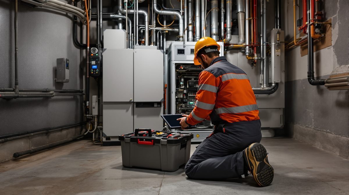 Servicetechniker arbeitet im Technikraum an einer Heizungsanlage, Tablet auf dem Werkzeugkoffer