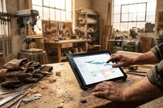 Handwerker plant Aufträge auf einem Tablet an der Werkbank