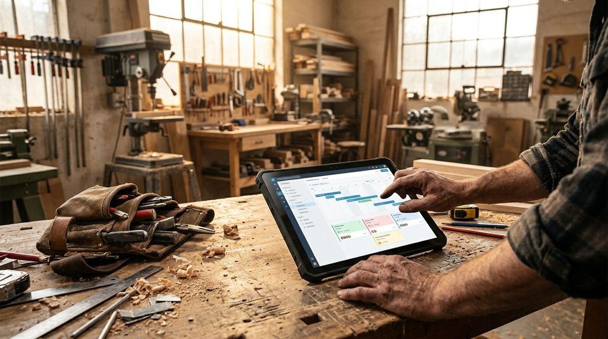 Handwerker plant Aufträge auf einem Tablet an der Werkbank