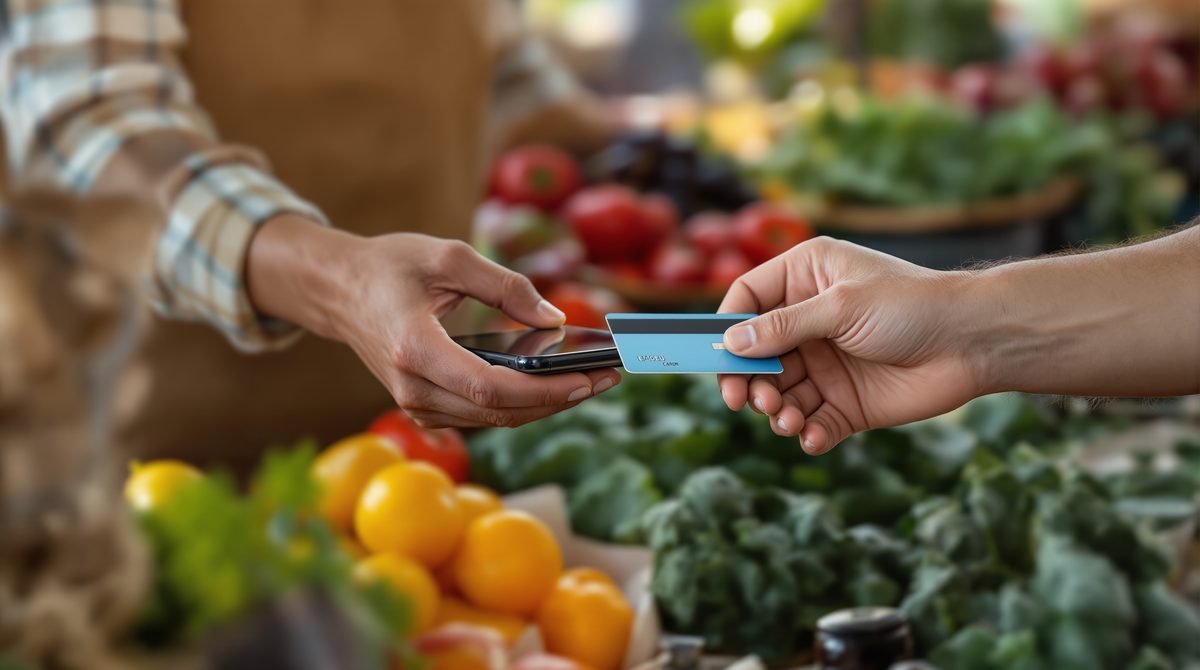 Kartenzahlung per Smartphone an einem Marktstand