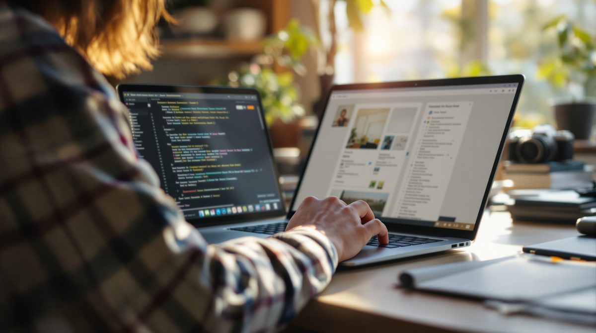 Person arbeitet am Laptop beim Schreiben einer Über-mich-Seite im Homeoffice