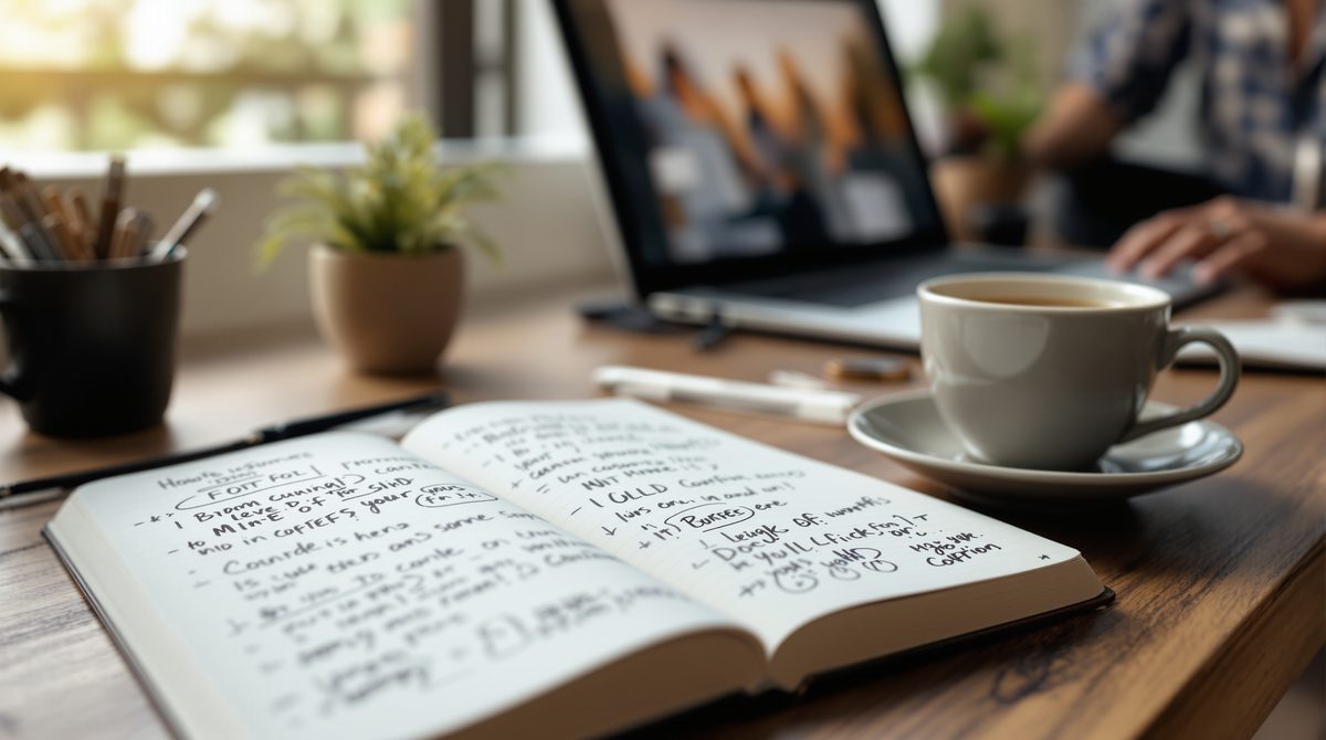 Notizbuch mit Brainstorming-Notizen für eine Über-mich-Seite auf einem Schreibtisch
